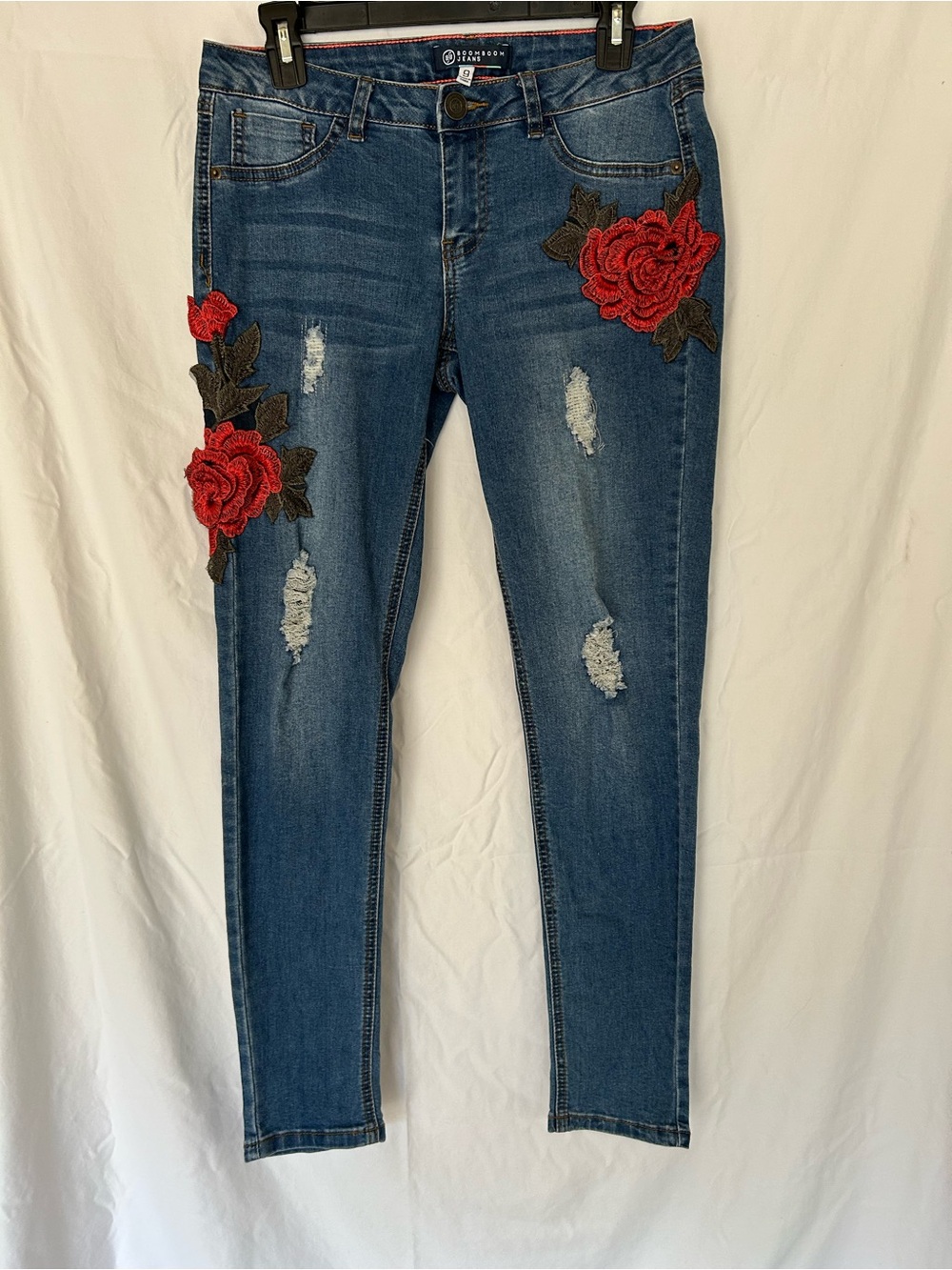 Boom Boom Jeans Blue Skinny Jeans with Red Rose Embroidery